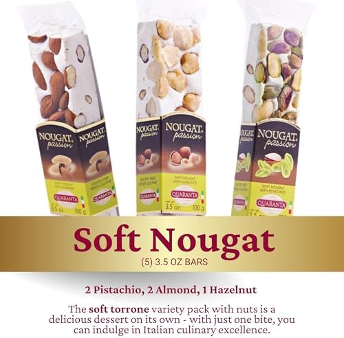Quaranta Italian Nougat Traditional 5 Pack – Soft Torrone Bars – 2 Pistachio, 2 Almond, 1 Hazelnut – Handcrafted in Italy – Gluten-Free, GMO-Free, Palm Oil-Free – Authentic Italian Candy – 3.5 Oz Each