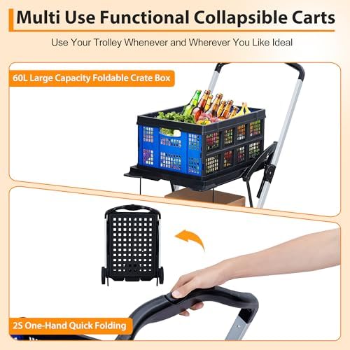 2-Tier Foldable Shopping Trolley - 2 Tier Folding Grocery Carts (198 LB Capacity), Portable Grocery Cart with Wheels & Removable Crate (Blue)