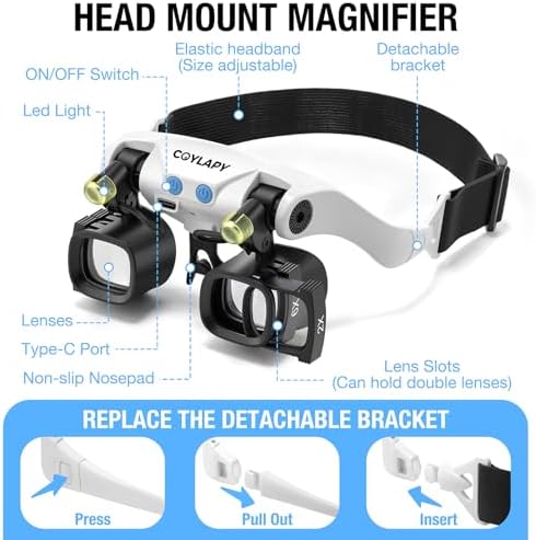 Magnifying Glasses for Close Work, Jewelers Magnifying Glass with Light & 5 Interchangeable Lens Pairs(2X 4X 6X 10x 13x), Headband Loupe Magnifier for Watch Repair,Crafts, w/Storage Case