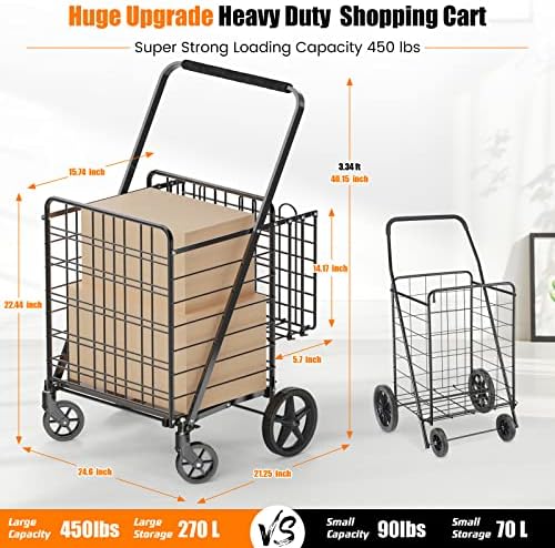 455lbs Shopping Cart for Groceries, Large Heavy Duty Grocery Cart on Wheels, Folding Dual Basket Utility Carts with Waterproof Liner, Shopping Carts for Transport, Laundry, Gift, Luggage