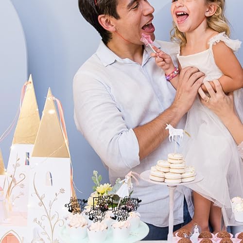 24 Pack Happy Father's Day Cupcake Toppers Glitter Love Heart Love Dad Best Dad Cupcake Picks for Father's Day Theme Men Birthday Party Cake Decorations Supplies Black