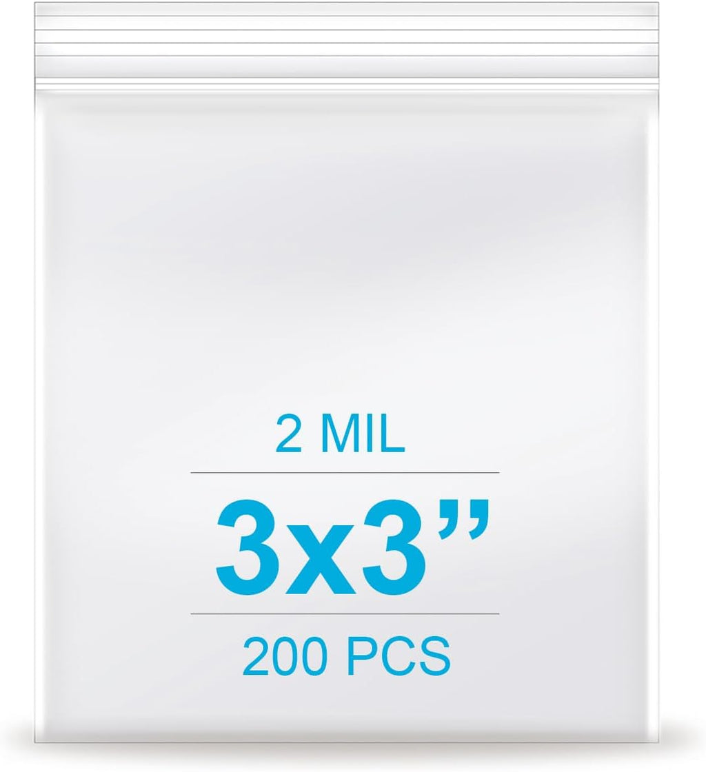 3''x 3'', (Pack of 200) 2 mil Thick Clear Plastic Reclosable Zip Poly Bags with Resealable Lock Seal Zipper, Clear Small Zip Bag, Jewelry Bags, Candy, Storage, Packaging & Shipping