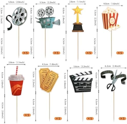Rsstarxi 40 Pack Movie Cupcake Toppers Movie Night Roll Camera Popcorn Cupcake Picks Decorations for Hollywood Theme Baby Shower Kids Birthday Theme Party Cake Decorations