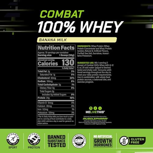 MusclePharm Combat 100% Whey Protein Powder, Banana Milk Flavor, Fast Recovery & Muscle Gain with Whey Protein Isolate, High Protein Powder for Women & Men, Gluten Free, 5 lb, 70 Servings