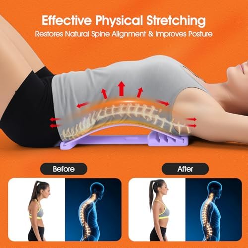 Premium Back Stretcher for Lower Back Pain Relief – 4-Level Adjustable Lumbar Support Board with Soft EVA Massage Strip – Durable & Portable Back Cracker to Release Tension and Reset Your Day (Purple)