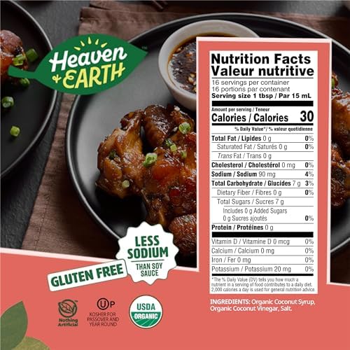 Heaven & Earth Organic Coconut Aminos, 8.4 oz | Soy Free | Paleo Friendly | Low Sodium | Soy Sauce Replacement | Kosher (Including Passover)