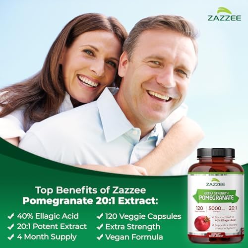 Zazzee Extra Strength Pomegranate 20:1 Extract, 40% Ellagic Acid, 120 Vegan Capsules, 4 Month Supply, Punica Granatum, Antioxidant & Cellular Health Support, Non-GMO, Made in the USA