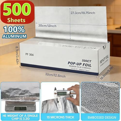 Aluminum Foil Sheets, 500 Count Pre-Cut Aluminum Tin Foil Sheet, 12" x 10.75" Large Heavy-Duty Pop-Up Dispenser for Sandwich Wrap, Hot Dog, Food Storage, Baking, Kitchen Service