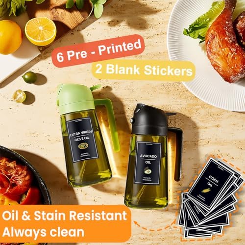 CXINYI - 16oz/470ml Olive Oil Dispenser for Kitchen with Stickers - 2 in 1 Olive Oil Sprayer for Cooking, Air Fryer, and Salad, Black&Green (Light-Proof Kitchen Gadget)