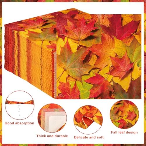 50 Pcs Fall Leaves Cocktail Napkins Fall Paper Napkin 3 Ply Disposable Maple Leaves Party Dinner Napkins Autumn Decorative Beverage Napkin for Thanksgiving Autumn Harvest Party Supplies Table Decor