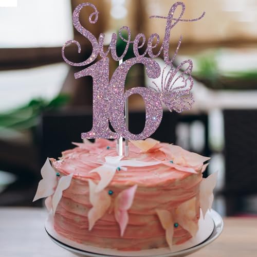 Purple Glitter Sweet 16 Cake Topper, Butterfly Happy 16th Birthday/Happy Sweet 16, Funny Butterfly Themed 16th Birthday Party Decorations