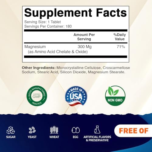 Vitamatic Chelated Magnesium 300mg (Per 1 Tablet) - 180 Tablets - as Amino Acid Chelate & Oxide - Supports Muscle, Nerve, and Heart Health - Non-GMO, Vegan, Gluten Free, & Made in the USA