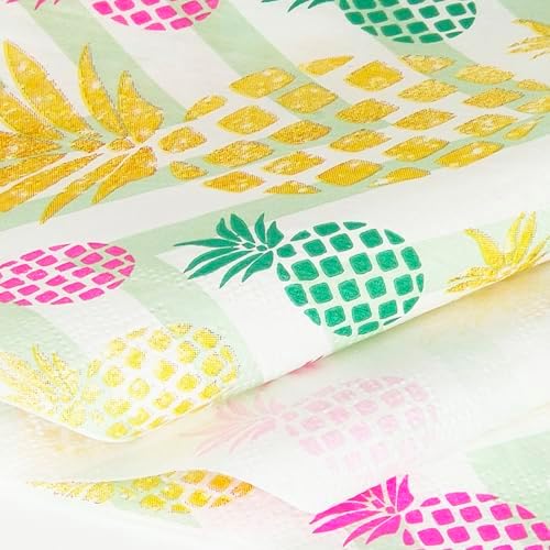 100 Count Disposable Paper Party Napkins 2 Ply Pineapple Print Decorative Beverage Guest Luncheon Dinner Cocktail Napkins for Theme Party Birthday Wedding, 6.5X6.5 Inches Folded