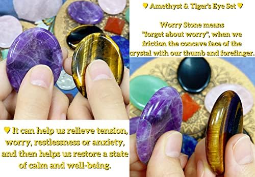 2PCS Worry Stone for Anxiety Tigers Eye Amethyst Healing Crystals Hand Thumb Stones Pocket Gemstones Meditation Accessories Oval Crystal Natural Relax Palm Stone Anxiety Relief Items Stocking Stuffers