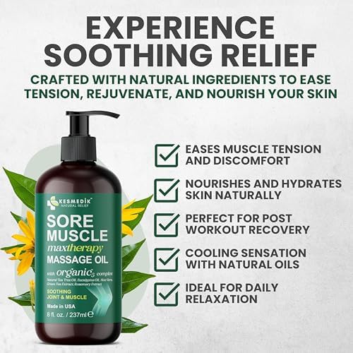 Sore Muscle Massage Oil for Massage Therapy with Arnica, Eucalyptus & Tea Tree Oil Blend for Deep Muscle Relief, Recovery, Softens Skin & Anti-Cellulite Massage for Professional & Home Use.