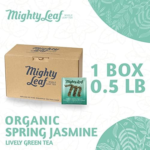 Mighty Leaf Organic Spring Jasmine Green Tea – 100 Count Premium Silken Tea Bags – Foil Wrapped for Freshness – Whole Leaf Green Tea with Floral Jasmine Aroma – USDA Organic Certified