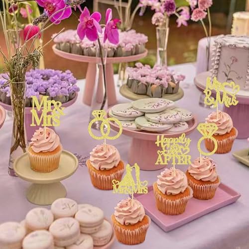 24 PCS Mr & Mrs Cupcake Toppers Wedding Engagement Party Picks Bridal Shower Anniversary Party Cake Decorations Supplies