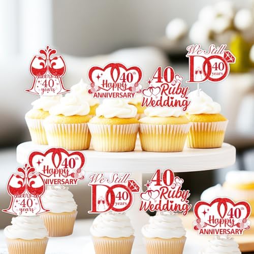 36 PCS 40th Anniversary Cupcake Toppers 40th Ruby Wedding Anniversary Cupcake Picks Double-Sided Printing Cheers to 40 Years We Still Do 40 Years Cake Decoration Anniversary Supplies