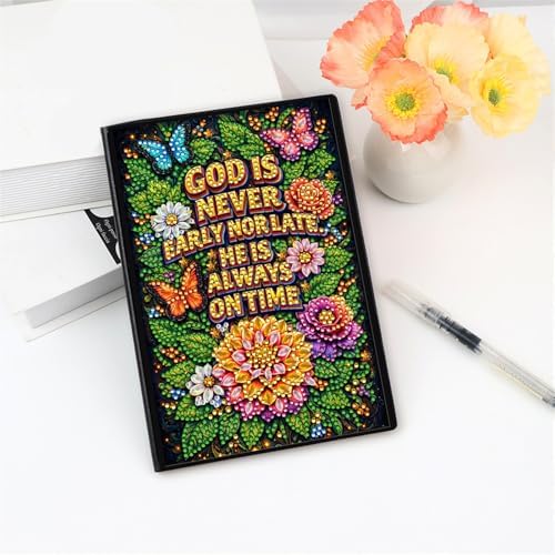 LAKEQUILL DIY Flower Diamond Art Painting Journals Notebooks 50 Pages A5 No Lines Special Shaped Diamond Art Kits for Beginners Craft Lovers and Artists (God) (god is never early nor late)