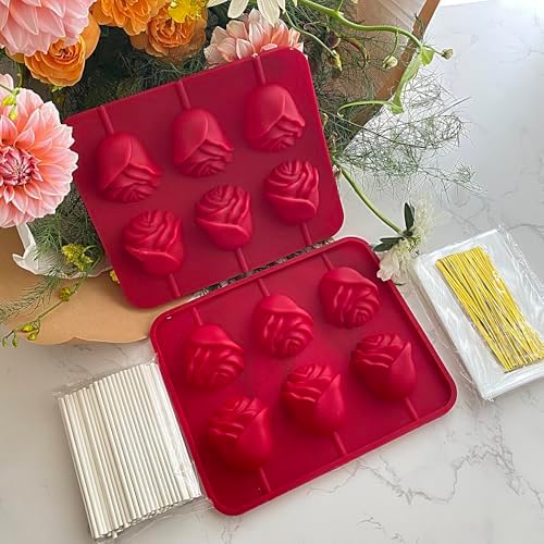 Rose Flower Lollipop Molds, 2 Pack Rose Silicone Chocolate Candy Molds with 100 Sticks 3D Flowers Cake Pops Mold Sucker Mold for Jelly Soap Hard Candy Mothers Day Cake Cupcake Decorations