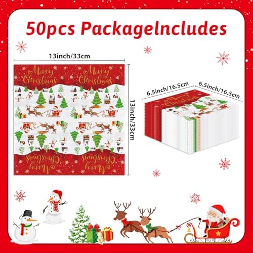 AIBIIN 50Pcs Christmas Napkins Decorations, Disposable Paper Napkins Guest Dinner Hand Napkin Tableware for Christmas Birthday Baby Shower Party Supplies Decor