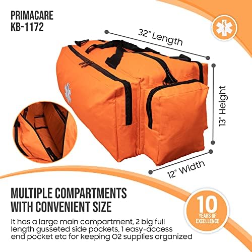 PrimaCare KB-1172 EMT First Responder Oxygen O2 Gear Bag with Multiple Compartments, Waterproof Reinforced Bottom, Heavy-Duty Zipper, 32" x 12" x 13", Orange