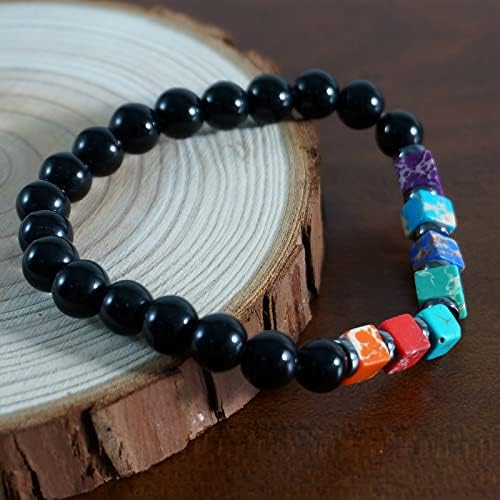 Healing Crystal Set 1Pcs Seven Chakra Square Beads Bracelet and 1Pcs White Crystal Moon Gemstone Pendant