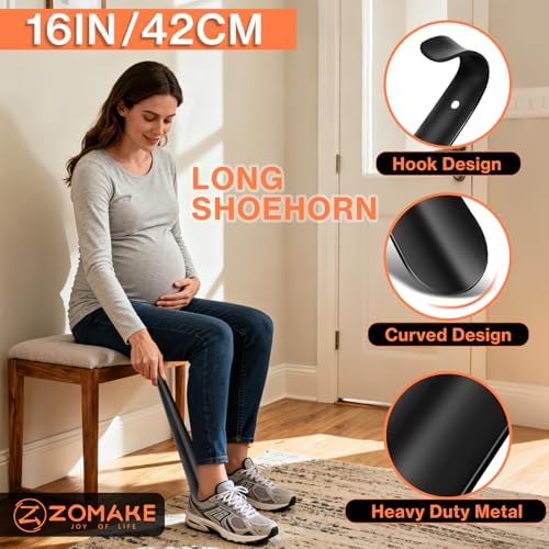 ZOMAKE Shoe Horn Long Handle for Seniors Men Women,16.5" Metal Long Shoehorn for Boots Shoe Spoon Helper