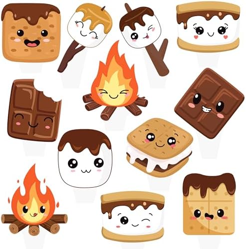 S'more Party Cupcake Toppers 48pcs S'more Birthday Party Decoration Bonfire Camping Cake Cupcake Pick Decorations for S'more Themed Camping Campfire Camper Birthday Party Supplies