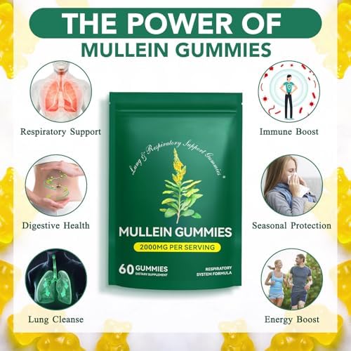 Mullein Gummies for Lung Detox, 2000mg Mullein Leaf Extract for Respiratory & Digestive & Immune Support, Organic Mullein Herb Supplement for Mucus Relief for Respiratory, Immune, Vegan 60 Gummies
