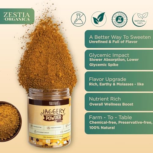 Jaggery Powder by Zestia Organica, 22.5 oz (715 g) 40% EXTRA – Unrefined Cane Sugar, Natural, Chemical Free, Substitute Alternative to Sugar, Vegan, Gluten Free | Product of India