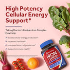 Doctor's Recipes Iron Supplement for Women, 65 mg Iron Bisglycinate, w/Vitamins C, B6, Folic Acid & B12, Beet Root & Spinach, Energy Production & Blood Health, Stomach Friendly, 30 Vegan Capsules