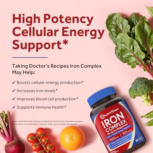 Doctor's Recipes Iron Supplement for Women, 65 mg Iron Bisglycinate, w/Vitamins C, B6, Folic Acid & B12, Beet Root & Spinach, Energy Production & Blood Health, Stomach Friendly, 30 Vegan Capsules
