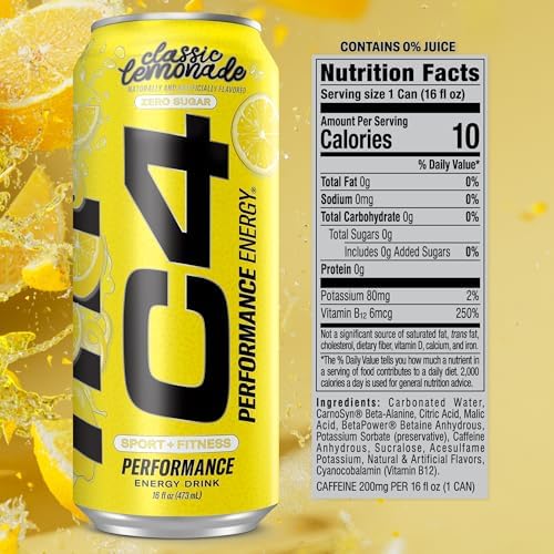 C4 Energy Drink, Lemonade "Limited Edition" Carbonated, Sugar Free Pre Workout Performance Drink with no Artificial Colors or Dyes, 16oz Pack of 12
