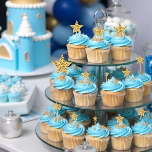 35 Pcs Gold Star Cupcake Toppers Glitter Star Cake Topper Gold Stars Decorations Cupcake Picks Cake Decorations for Party Birthday Baby Shower Wedding Bridal Gender Reveal Supplies (Mixed Size)