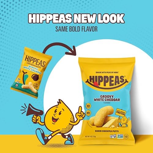 HIPPEAS Chickpea Puffs, Groovy White Cheddar, Gluten Free Snacks, Dairy Free, Vegan, 4oz, Pack of 6, 3g Protein, 2g Fiber, Crunchy, Nutritious, Baked Plant Protein Snack, Non-GMO, Kosher