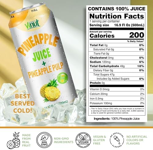 Vinut Natural Pineapple Juice Drink with Pulp, (16.57 fl oz, Pack of 12) Real Pineapple Juice, No Sugar Added, Gluten Free, GMO-Free