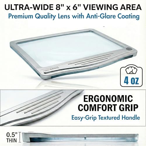 MagniPros 5X [Rechargeable] Large Ultra Bright LED Page Magnifier with Anti-Glare Lens & 3 Stepless Color Light Modes to Relieve Eye Strain-Ideal for Reading Small Prints, Low Vision and Seniors