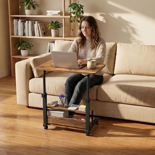 WINAZ C Shaped Rolling Laptop Desk - 32" Rustic Brown Mobile Portable Small Desk with Wheels for Small Spaces, Height Adjustable Overbed Table with 2-Tier Storage Shelves