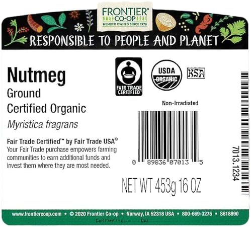 Frontier Co-op Nutmeg Ground, 1lb Certified Organic Nutmeg Powder - Fair Trade, Kosher | 1 Pound Bulk Bag | Wholesale Cafe, Restaurant Supply | Myristica fragrans