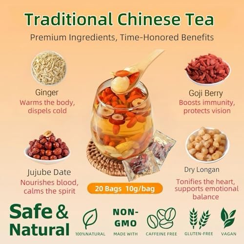 Eastrue Ginger Goji Berry Tea-Traditional Chinese Herbal Tea for Women with Jujube Red Dates,Longan, Supports Pregnancy Nausea Relief & Morning Sickness,Postpartum Essentials & Mothers Milks Lactation Tea,Caffeine Free, Organic,(200g/20Bags)