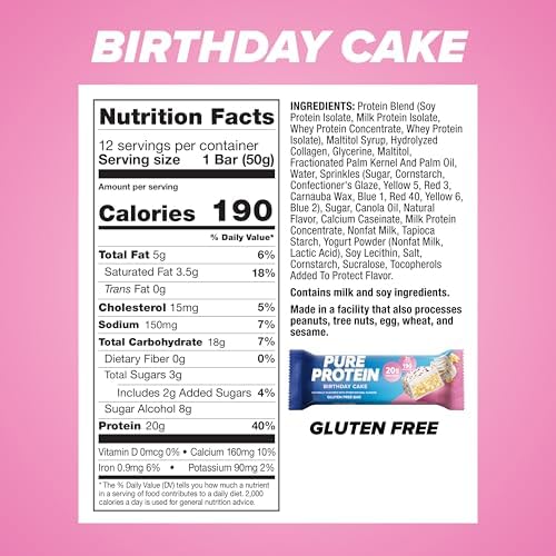Pure Protein Birthday Cake Protein Bars – 20g Protein, 3g Sugar, 190 Calories (12 count) Low Sugar* High Protein Snack - Gluten Free - Perfect for a Healthy Snack