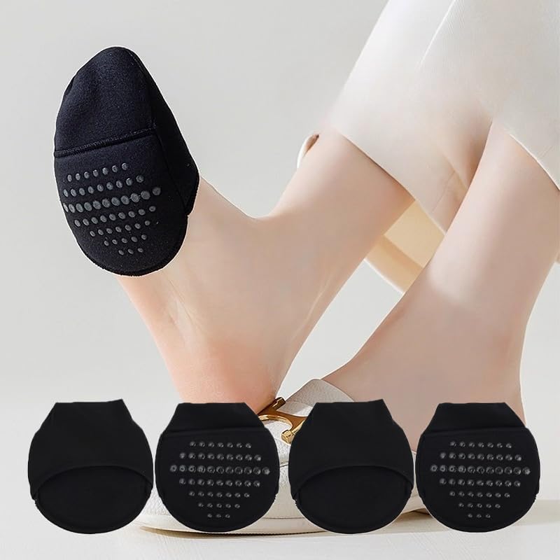 4Pcs Women High Heels Non Slip Half Socks Invisible Forefoot Pads Breathable Support Pain Relief Foot Sock (2Pairs Black)
