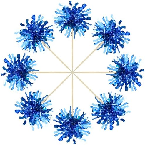 Gyufise 30Pcs Foil Firework Cupcake Toppers Happy Birthday Cake Toppers Sparkle Tinsel Flower Drink Stirrers Cocktail Food Fruit Toothpicks for Valentine's Day Party Supplies Blue