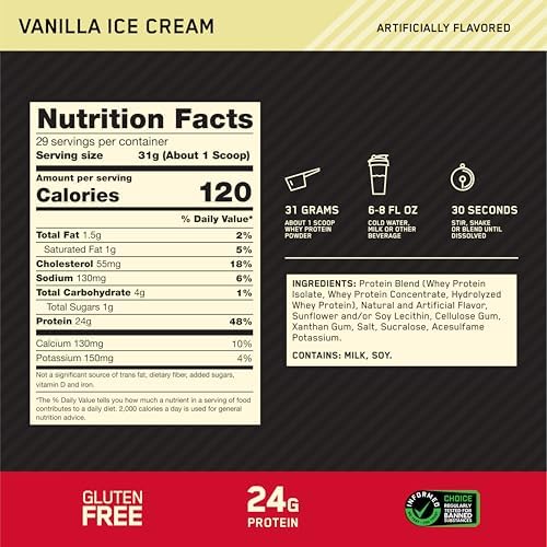 Optimum Nutrition Gold Standard 100% Whey Protein Powder, Vanilla Ice Cream, 2 Pound (Packaging May Vary)