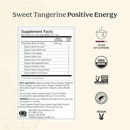 Yogi Sweet Tangerine Positive Energy Tea - 16 Tea Bags per Pack (4 Packs) - Organic Tangerine Energy Tea - Includes Black Tea Leaf, Yerba Mate Leaf, Ashwagandha Root & More