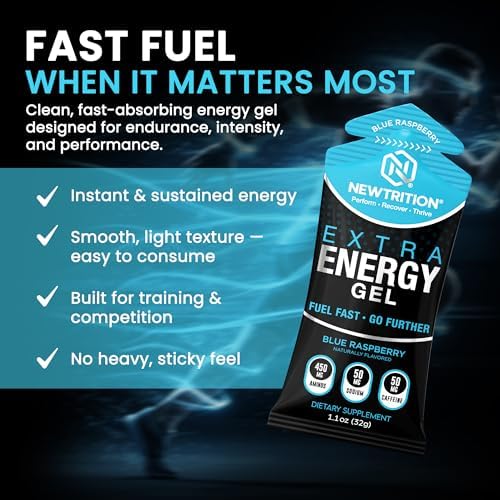NewTrition® Extra Energy Gel Variety Pack - Fast Fuel with 50mg Caffeine, Amino Support, Smooth Texture, Electrolytes - Easy Digestion Running Gel for Cycling & Running