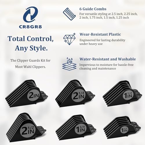 Clipper Guards Set 10 12 14 16 18 20 Compatible with Wahl Clippers, 6pcs Extra Long Clipper Guides Replacement - 2.5", 2.25", 2", 1.75", 1.5", 1.25" Hair Guard Clipper, Black Clipper Guards for Wahl