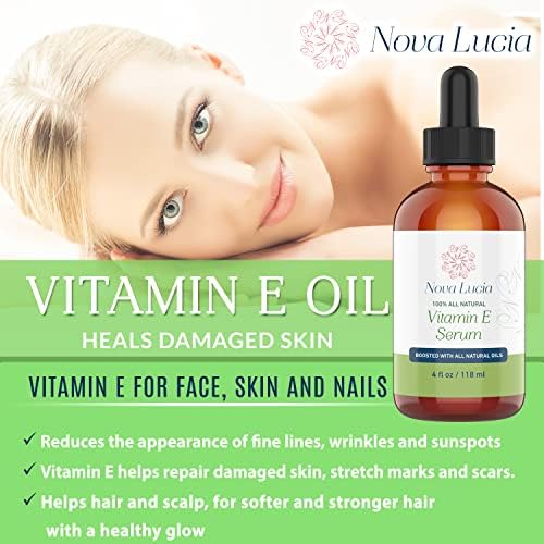 Nova Lucia Organic Vitamin E Oil – Pure Vitamin E for Skin, Face & Hair | Scar & Stretch Mark Treatment, Natural Moisturizer for Soft, Smooth, Hydrated Skin – 4 oz