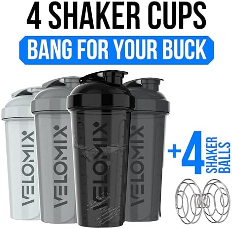 VELOMIX -4 Pack- 28 oz Protein Shaker Bottles for Protein Mixes - 4x Wire Whisk | Leak Proof Shaker Cups for Protein Shakes | Stackable Protein Shaker Bottle Pack (Silver Mix)